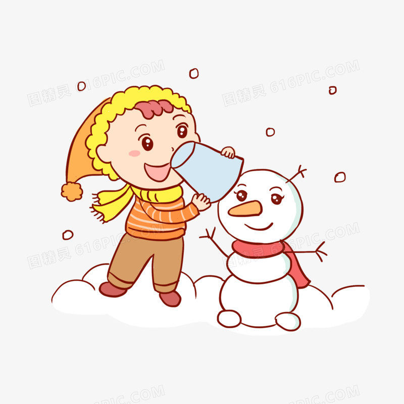 手绘冬季小女孩堆雪人卡通元素