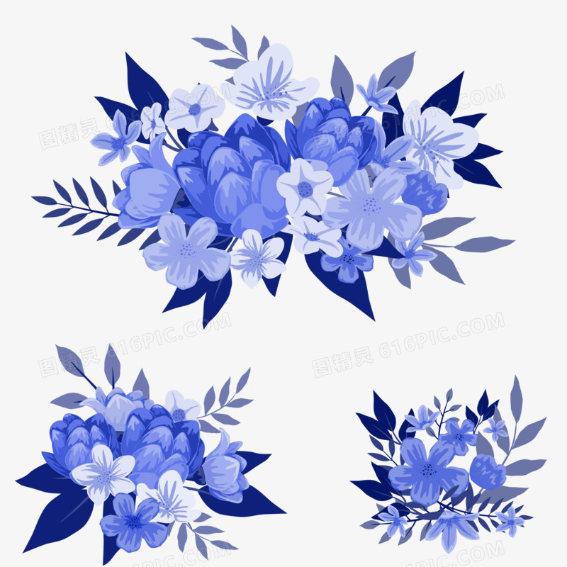 矢量免扣蓝色水彩花组合