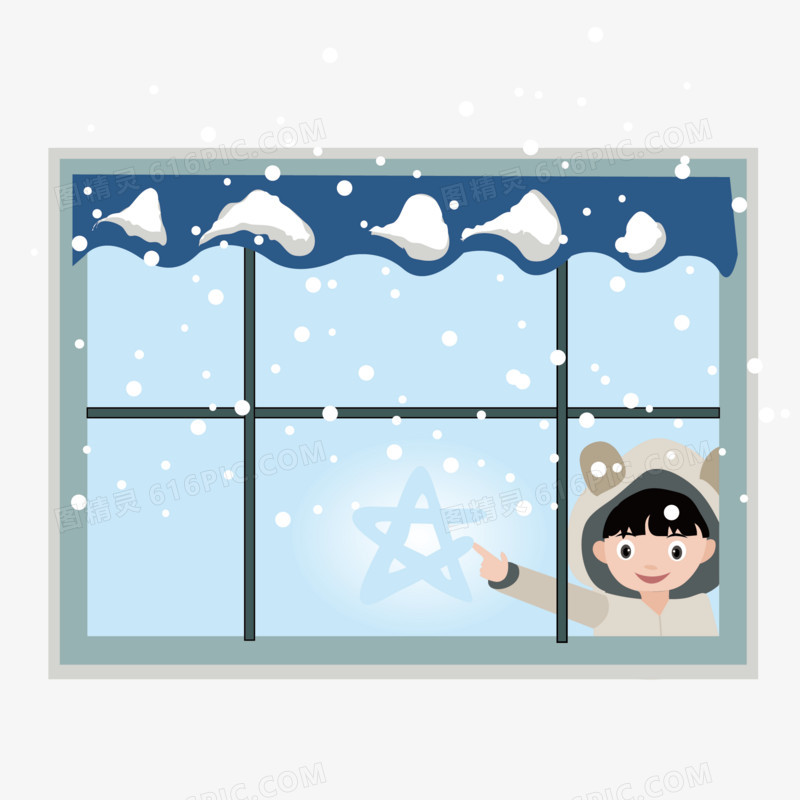 冬天场景窗户小朋友在窗户上画星星
