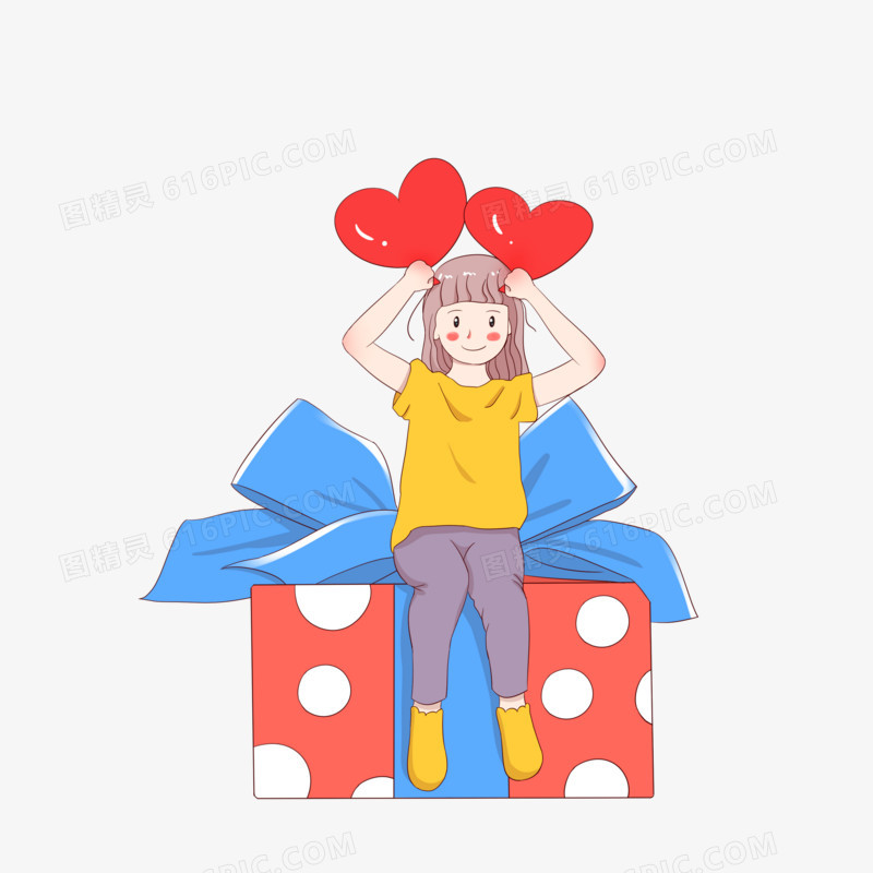 手绘感恩节主题之拿着爱心气球坐在礼物上的女孩