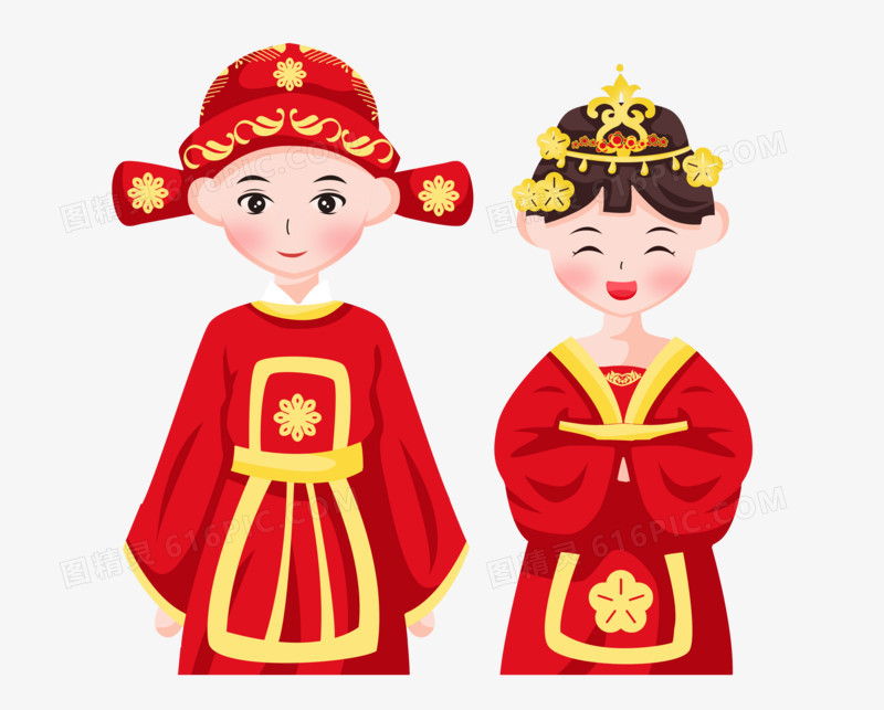 手绘卡通中式婚礼新人结婚