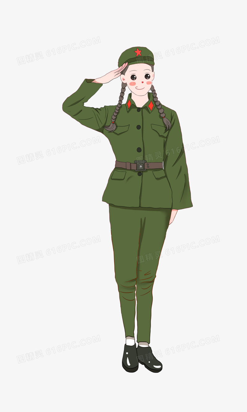 手绘穿着复古军装的女兵