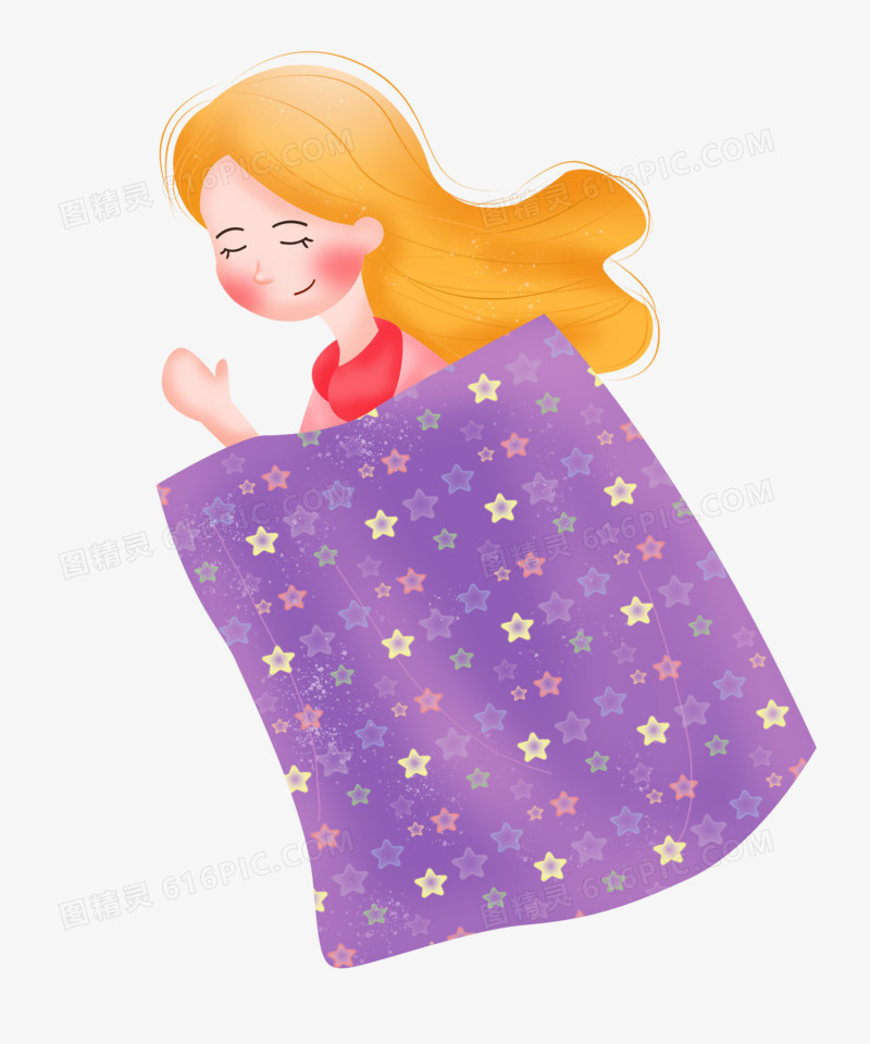 手绘卡通女孩盖着被子睡觉
