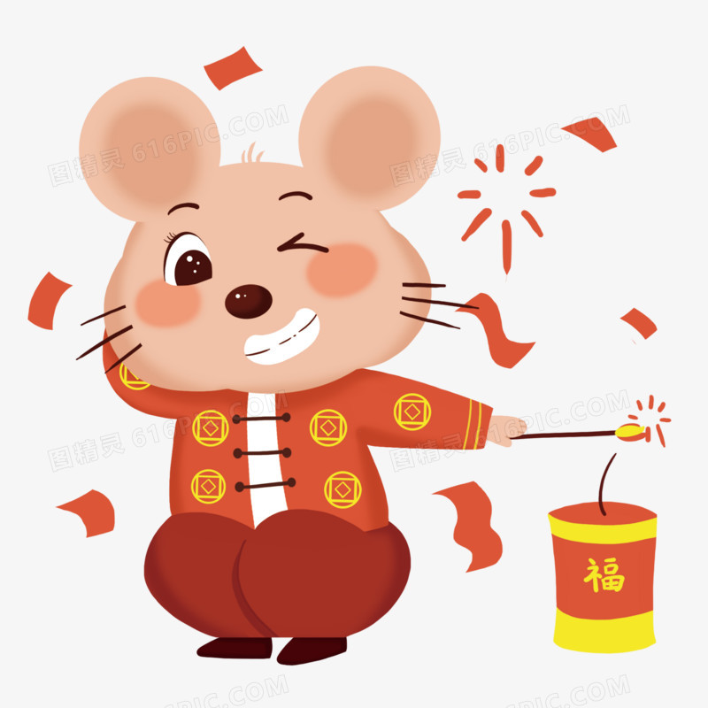 手绘新年放鞭炮的老鼠素材