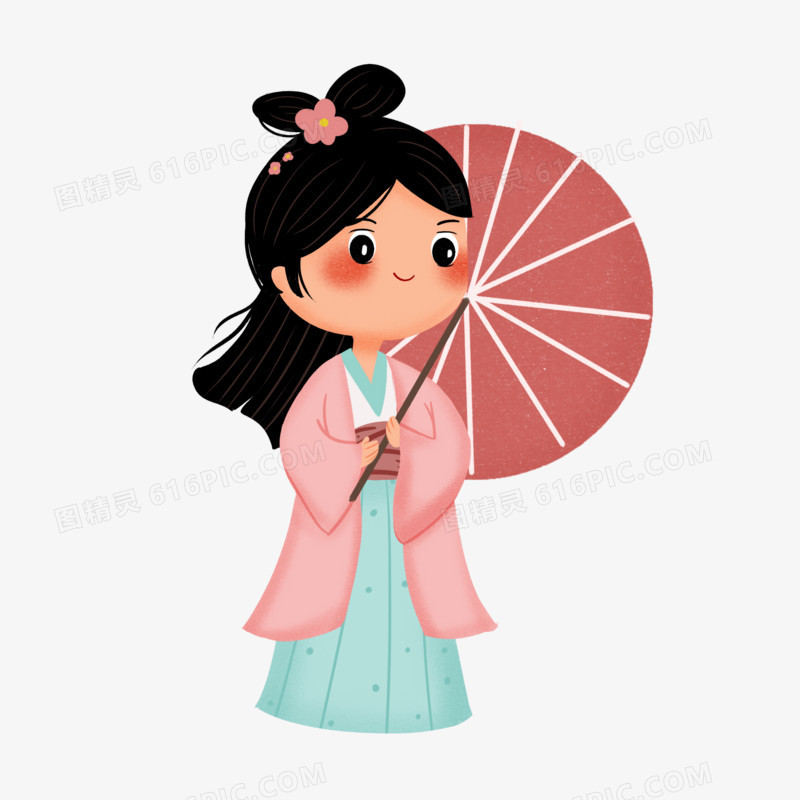 手绘撑伞的中国风女孩素材