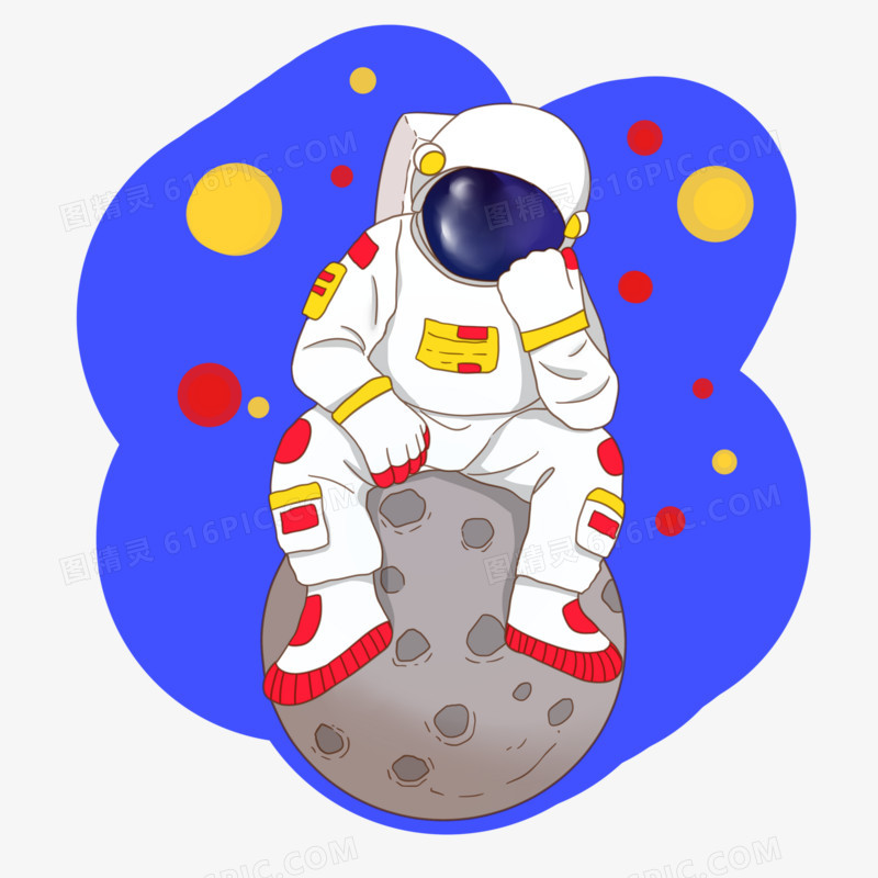 手绘坐在月球上思考的宇航员