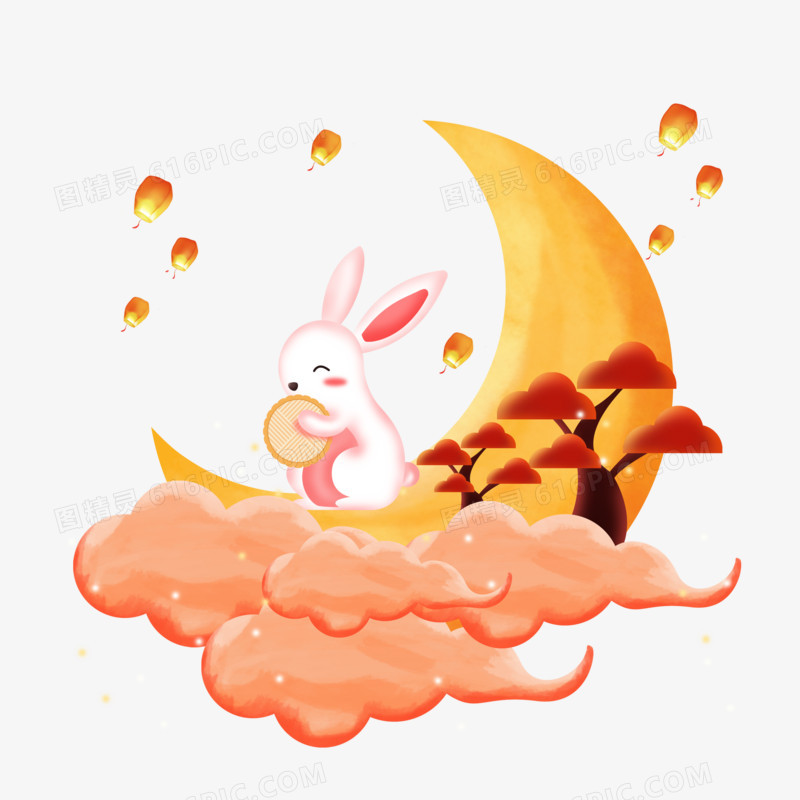 中秋之手绘卡通月亮的上的玉兔