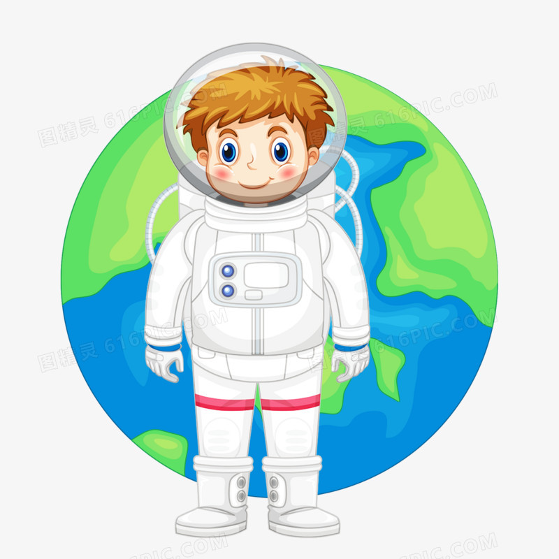 银色宇航服的宇航员和地球卡通插画