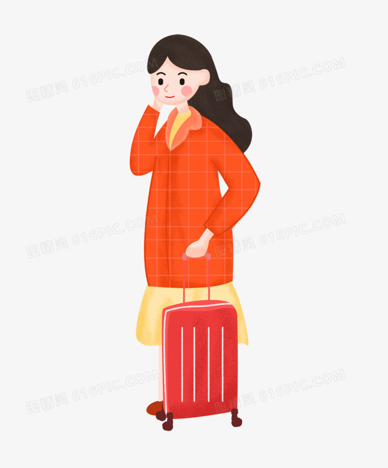 春运之手绘卡通女孩推着行李箱回家