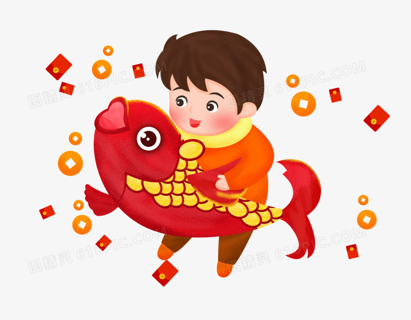春节之手绘卡通男孩抱着锦鲤