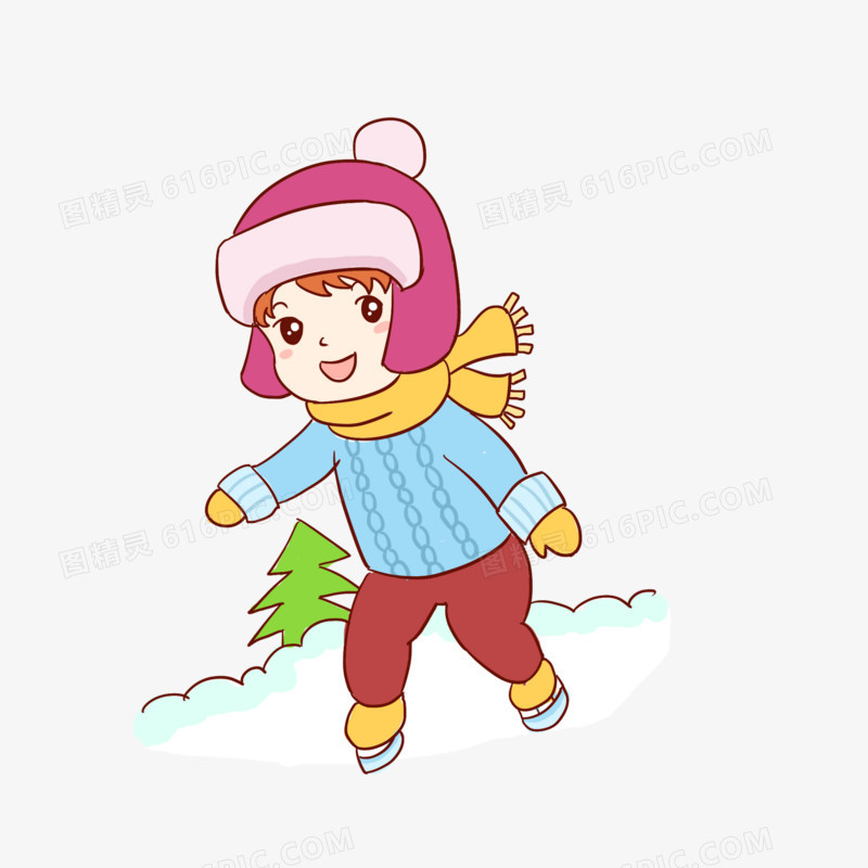 女孩雪地滑雪手绘卡通元素