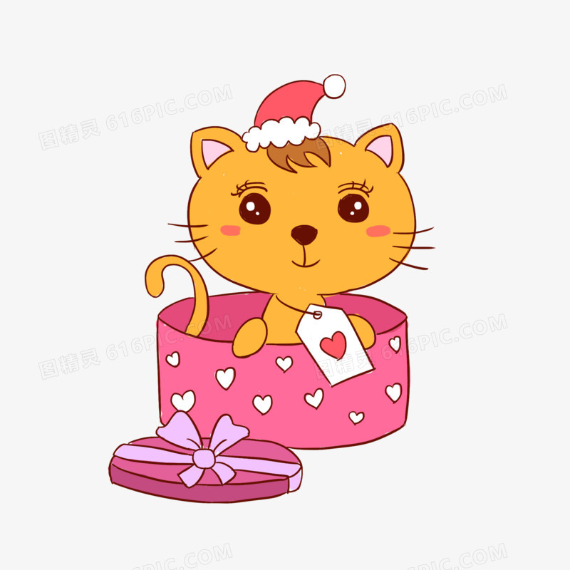 小猫礼物盒手绘卡通元素