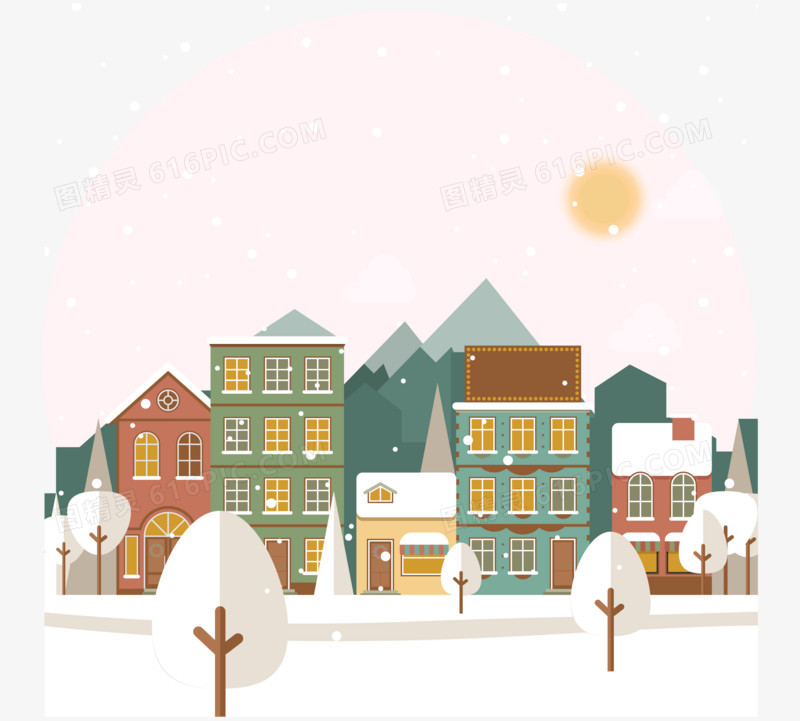 冬季卡通雪景城市插画