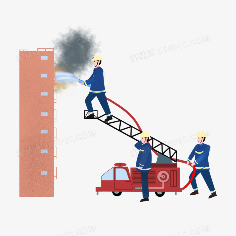 消防员高楼灭火手绘卡通元素