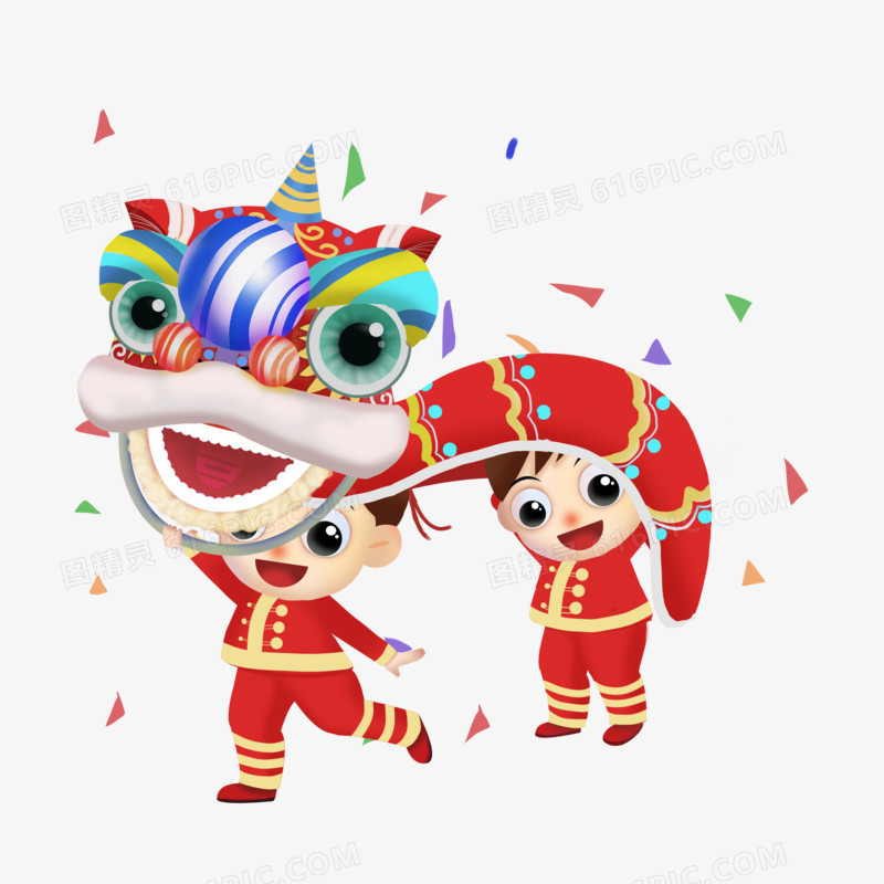 节日双人舞狮红色卡通手绘元素