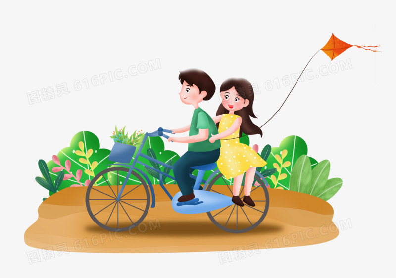手绘男孩女孩骑着自行车春游