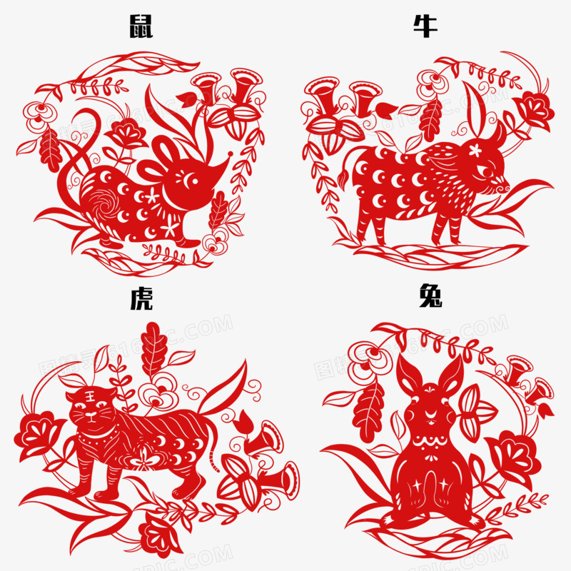 十二生肖创意剪纸之鼠牛虎兔装饰图案