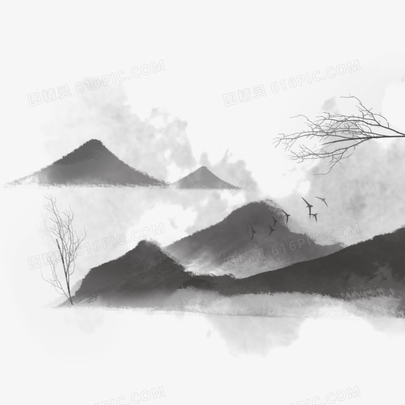 中国风水墨风景山水插画手绘元素