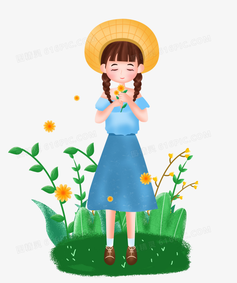 手绘卡通拿着花朵的春天女孩
