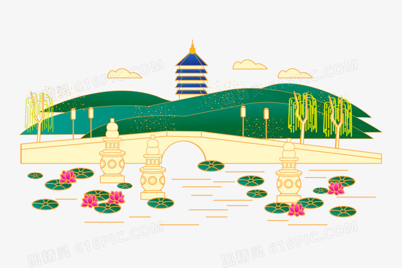 原创手绘插画杭州城市