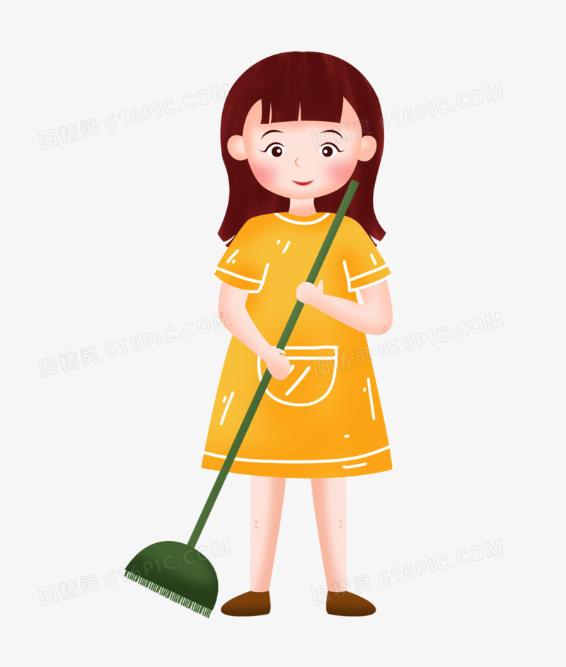 手绘卡通拿着扫把扫地的女孩