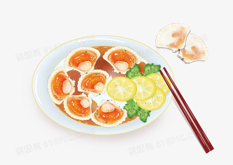 海鲜扇贝美食手绘卡通素材
