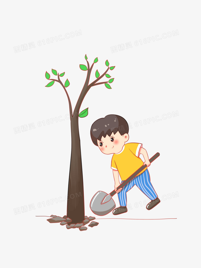 手绘男孩在植树