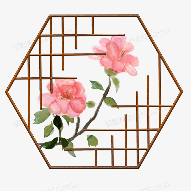 中国风中式窗户玫瑰花水彩风