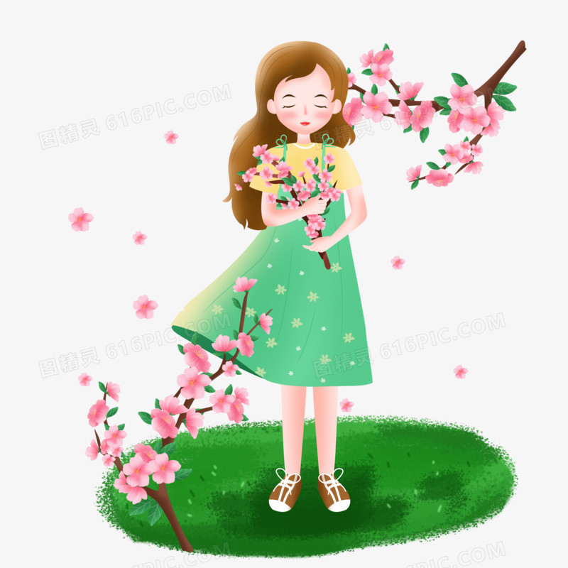 手绘卡通唯美的春天女孩捧着桃花