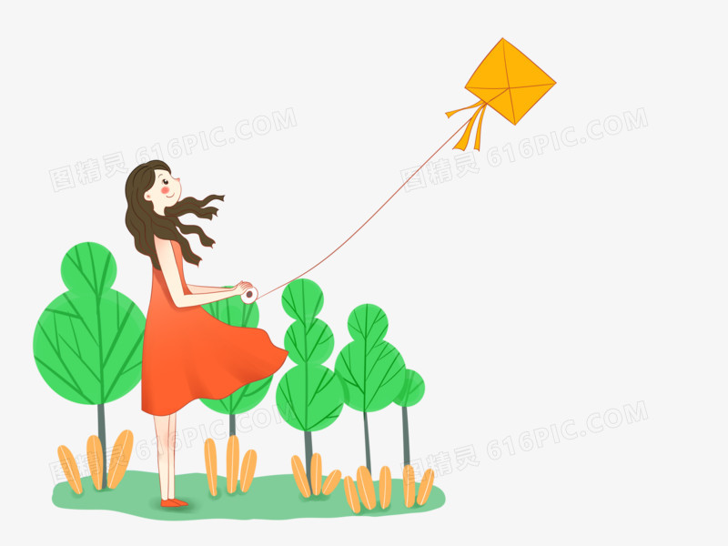 手绘放风筝的女孩插画元素