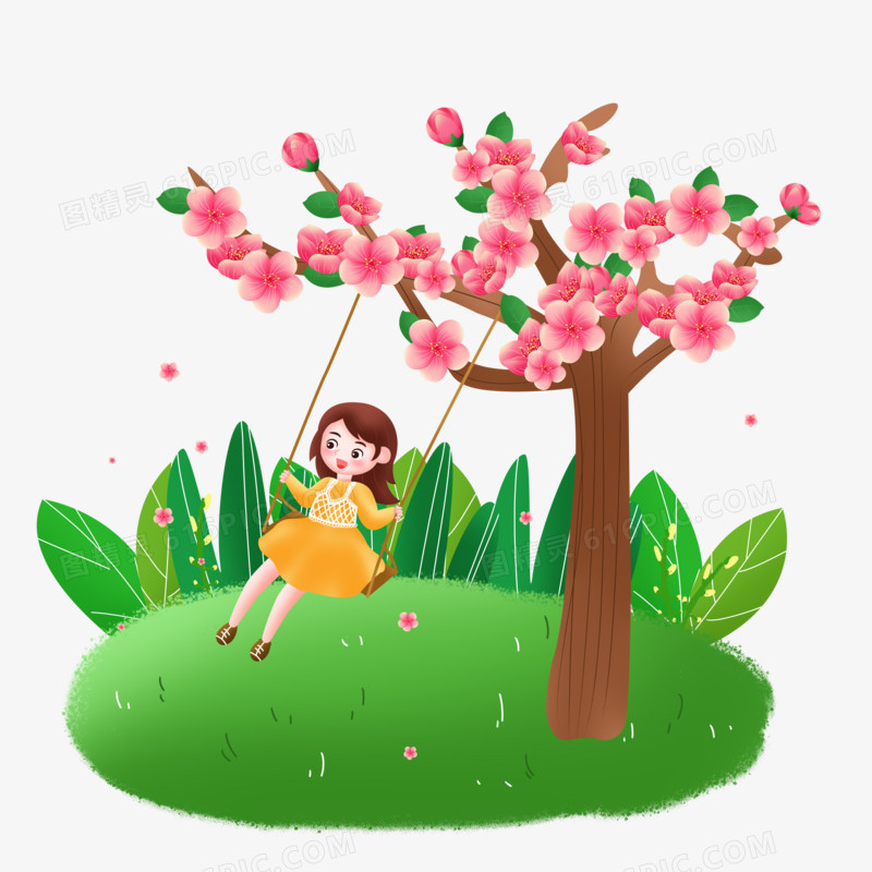 春分之在桃花树下荡秋千的女孩