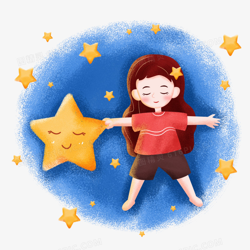 睡眠日之创意手绘卡通女孩牵着星星一起睡觉