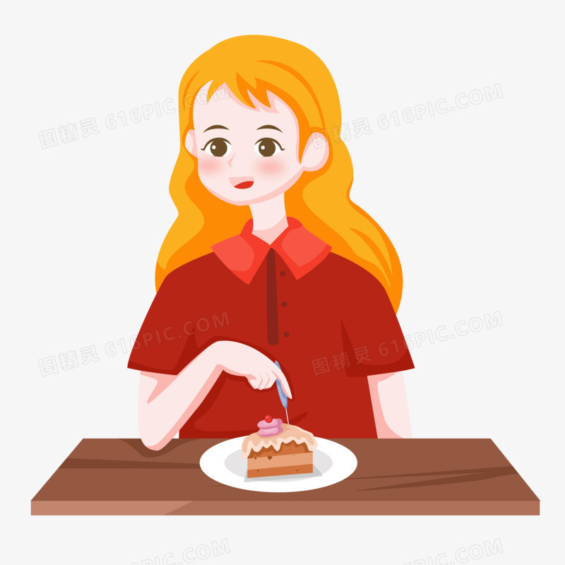 女生节之手绘卡通吃蛋糕的女性