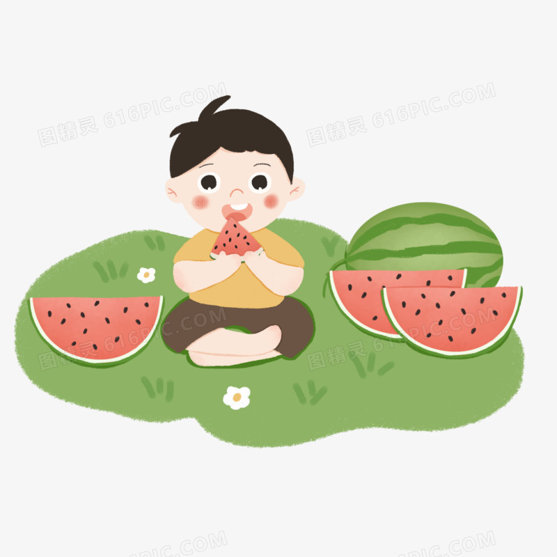 手绘清新夏天夏季立夏在草地上吃西瓜的小男孩png免抠