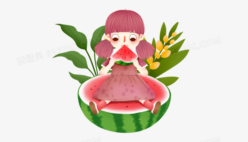 卡通立夏女孩吃西瓜
