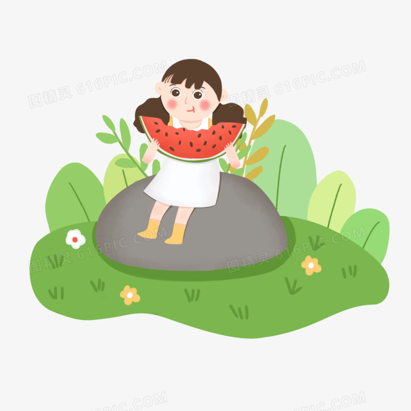 夏天坐在石头上吃西瓜的小女孩