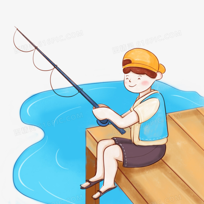 立夏钓鱼台上的男孩免扣元素图  