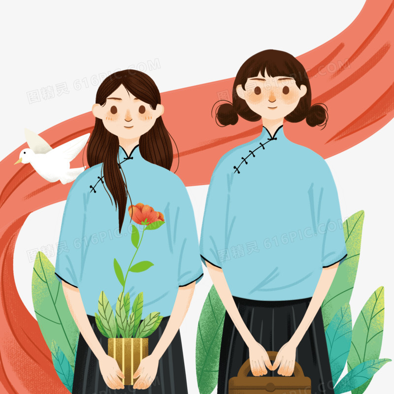 五四青年节女青年植物插画风素材