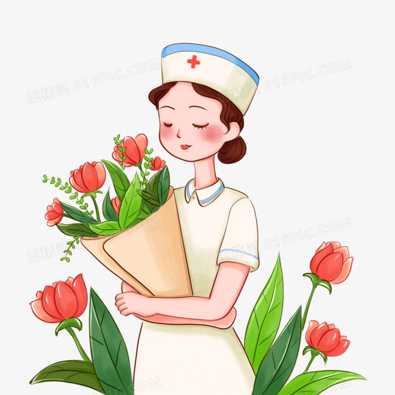 手绘怀抱鲜花的护士形象