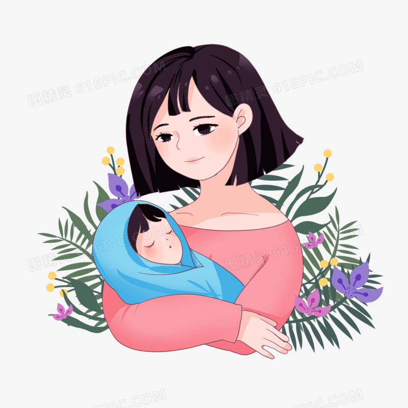 手绘母亲节怀抱婴儿花卉植物妈妈背景