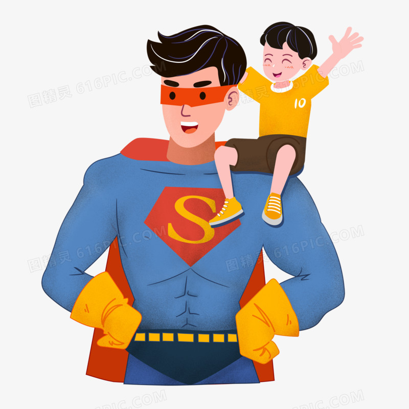 坐在超人爸爸肩上的孩子人物手绘插画