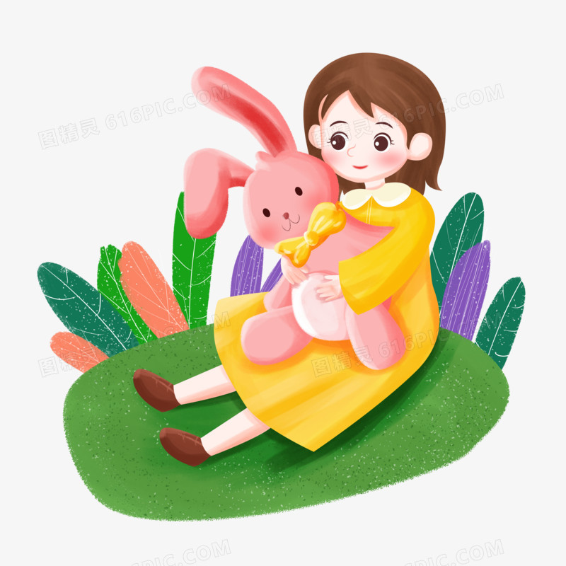 抱着小兔子玩偶的小女孩手绘插画