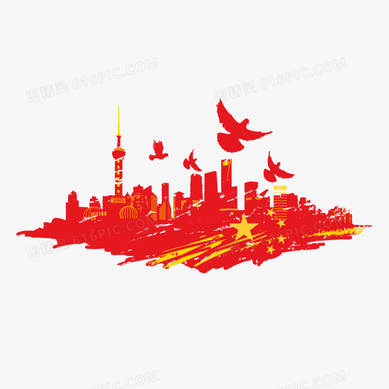 中国城市建筑之上海红色剪影元素