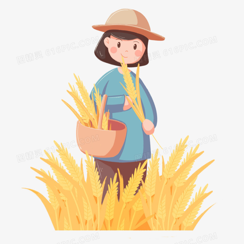 农民麦田收麦子人物元素