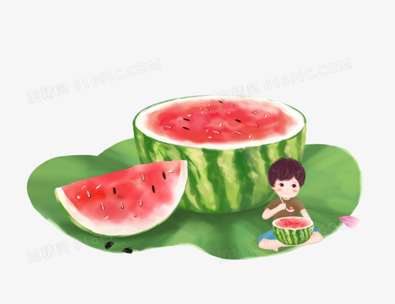夏日吃西瓜的小男孩人物元素