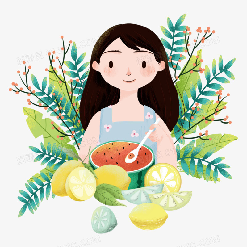 降暑吃西瓜的女生插画元素