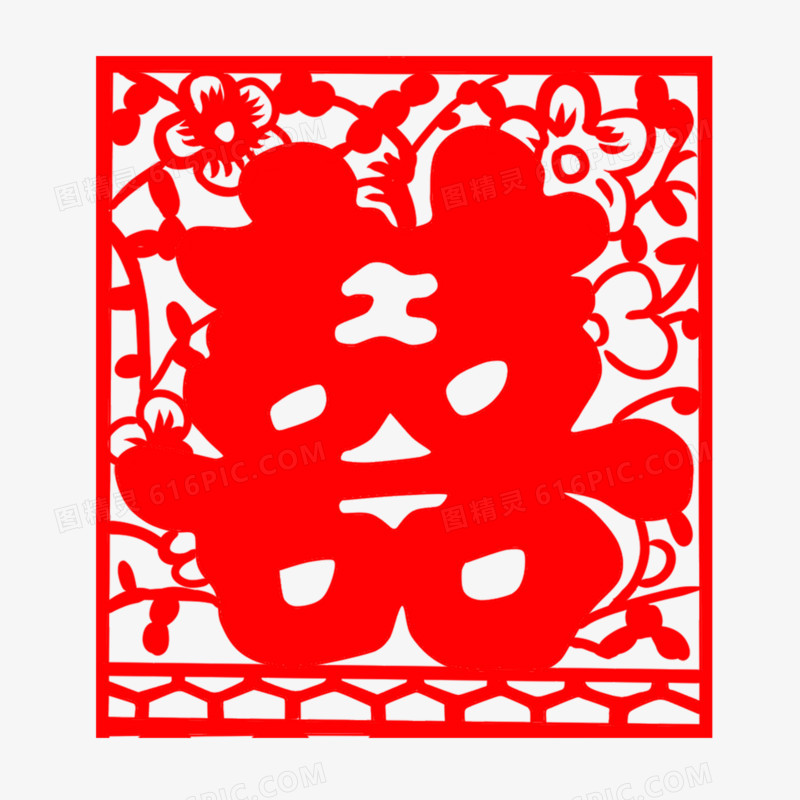 中国风红色剪纸喜字窗花元素