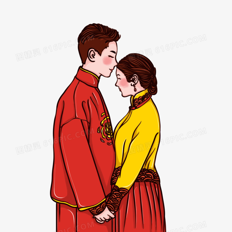 中式婚纱照相拥的夫妻人物元素