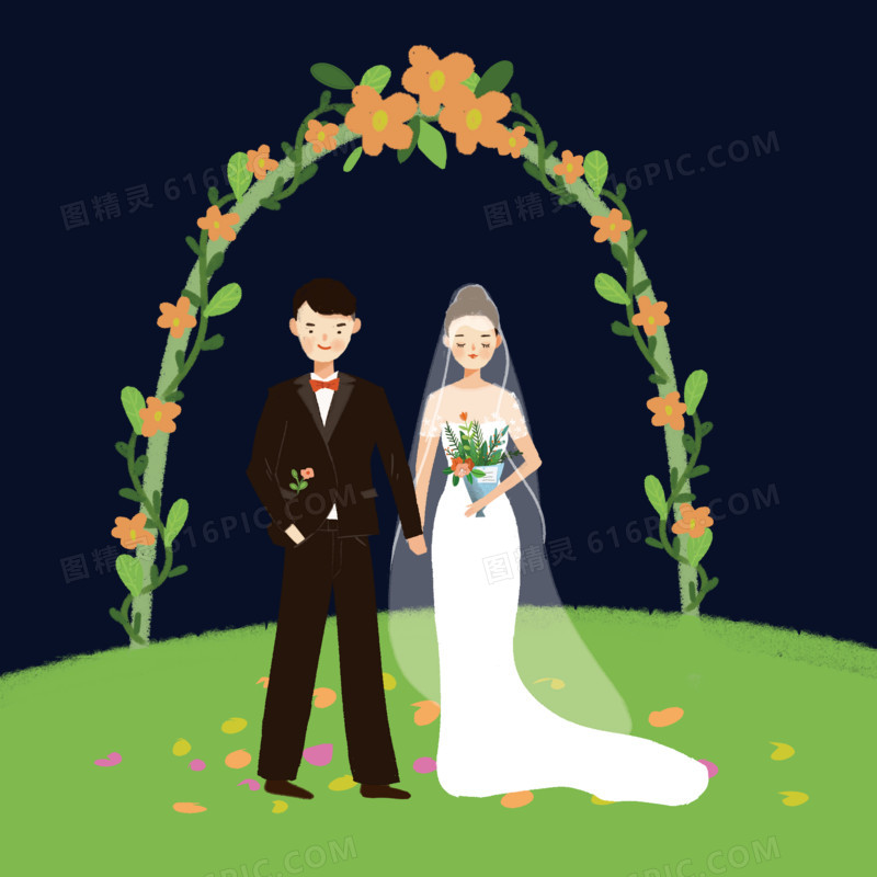 西式婚礼夫妇结婚照插画风素材
