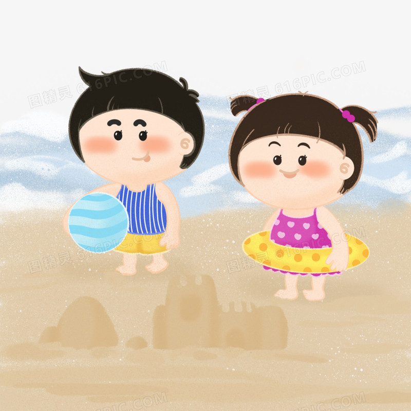 儿童海边玩耍手绘人物插画元素